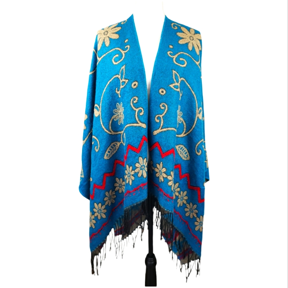Blanket Scarf/Wrap One Size in Blue Floral with Fringe Medium Weight